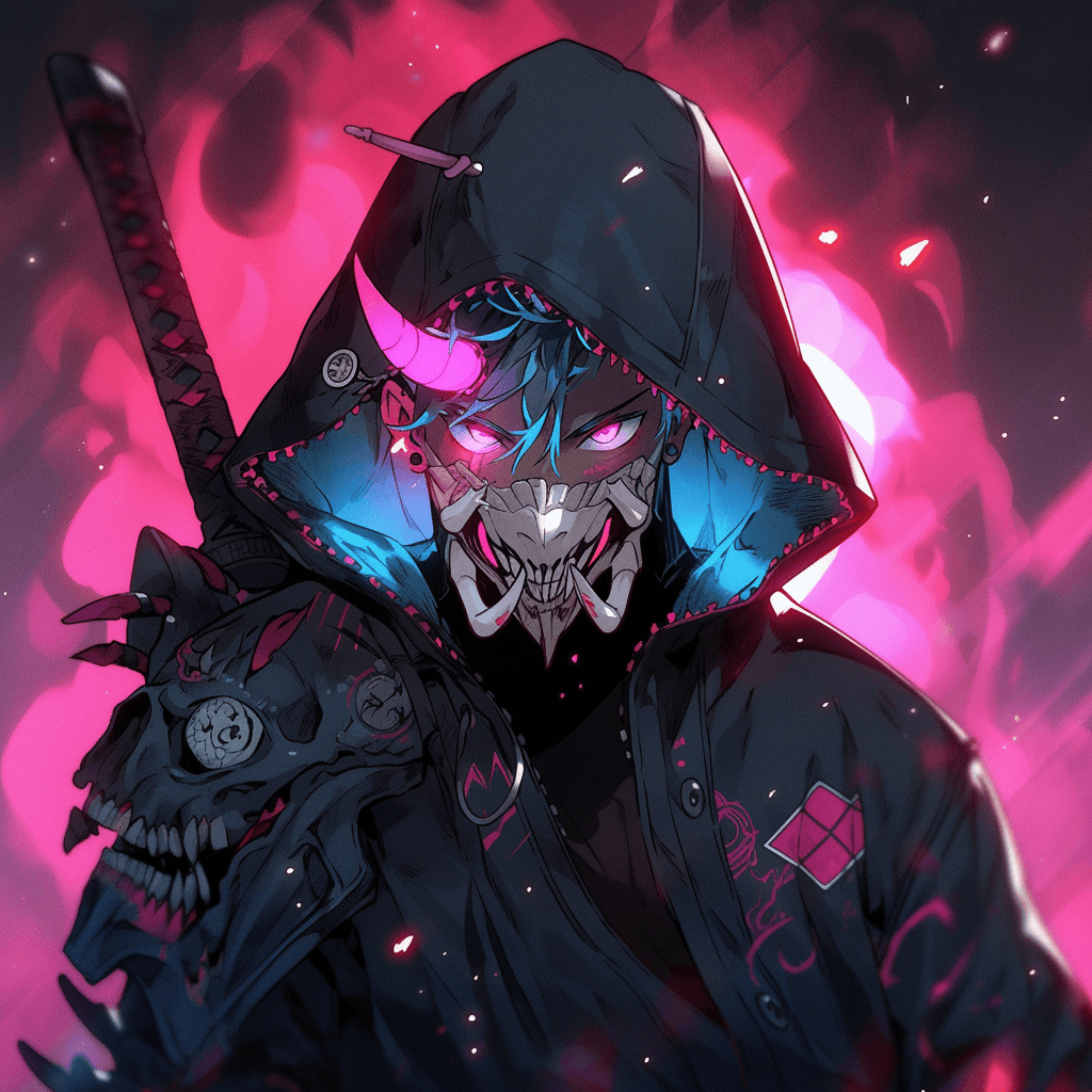 AI generated: soldier, shikigami, anime men, Ninja, wearing black with pink and cyan hoodie, marks, demon horns, t...