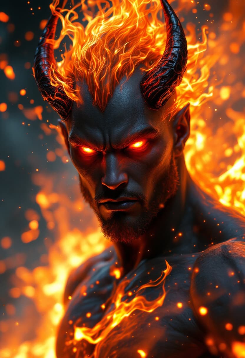 AI generated: God of Fire full-body, Etherial, muscular, charcoal colored skin, Glowing red eyes, epic, cinematic,...