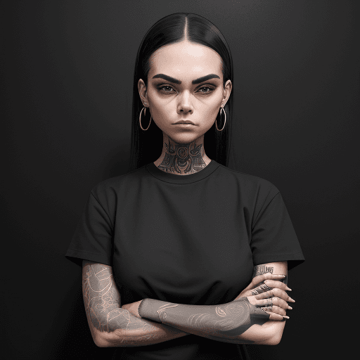 AI generated: a man in black shirt with her arms folded against , in the style of tattoo, normcore, dark silver an...