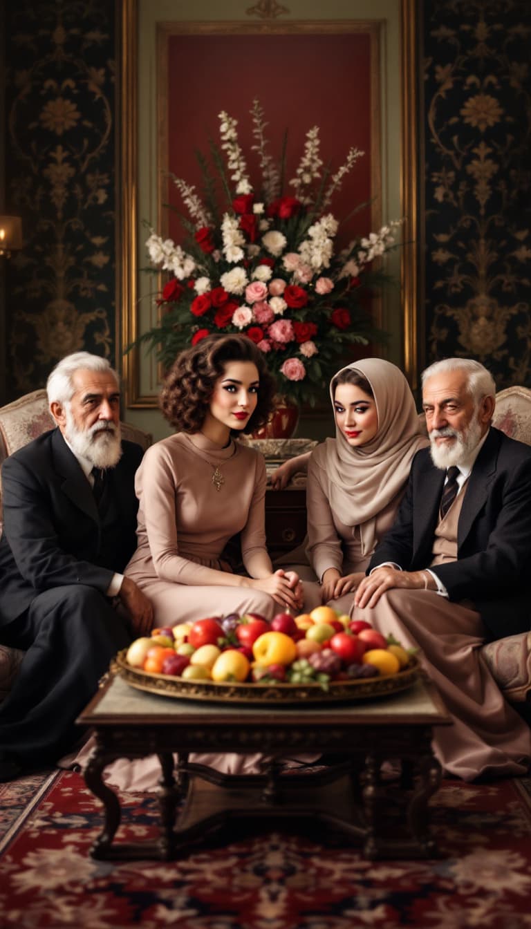 AI generated: The young couple sits inside a traditional Iranian home, surrounded by their two elderly fathers and...