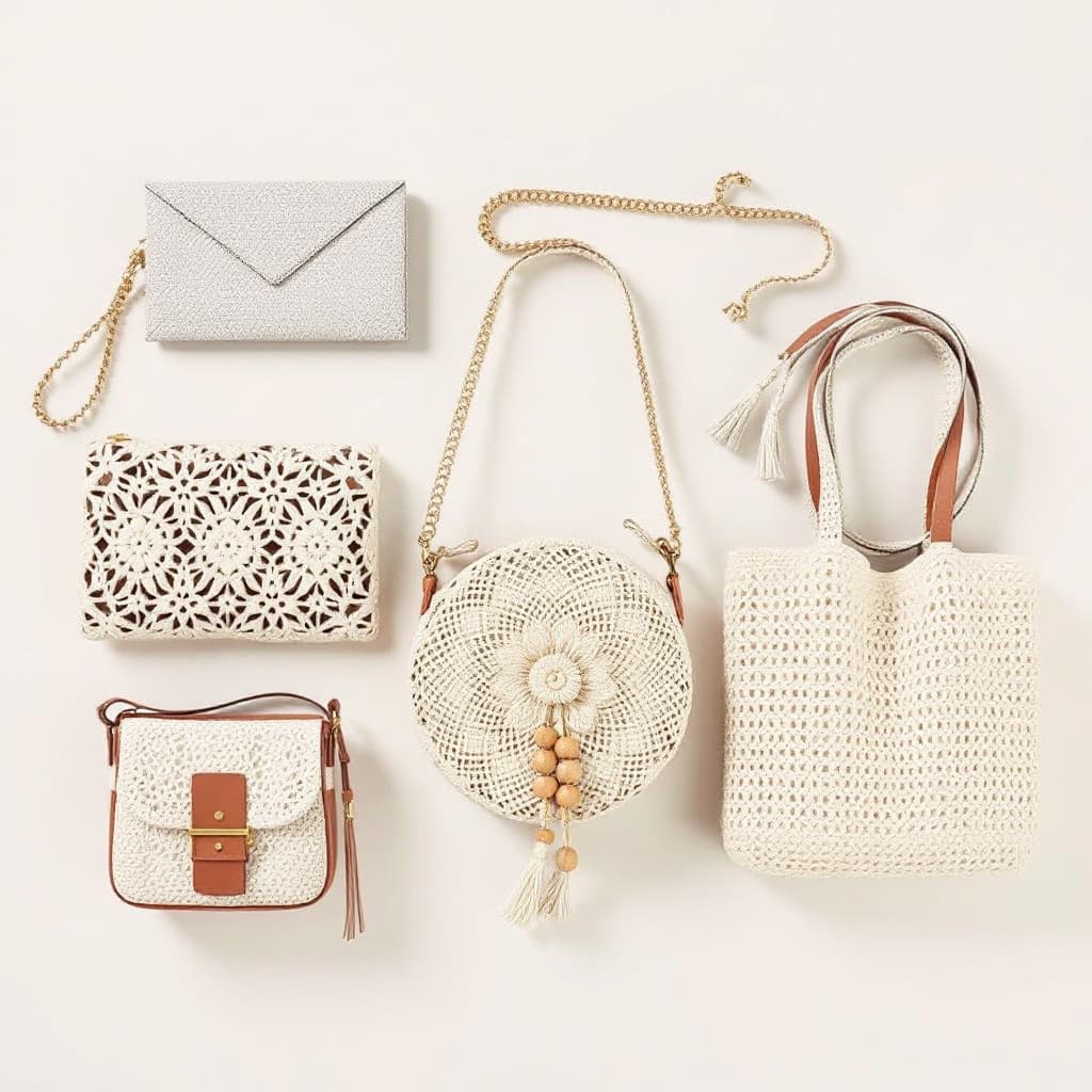 AI generated: "A collection of five chic crochet handbags, each with a unique and sophisticated design. The first ...