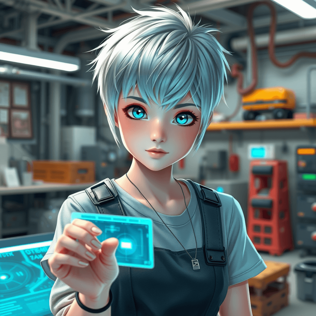 AI generated: A lovely tech-savvy girl with short, pixie-cut silver hair and bright blue eyes, dressed in a casual...