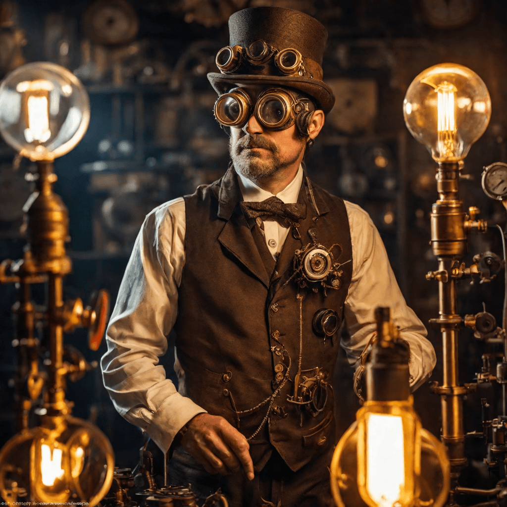 AI generated: A brilliant 40-year-old steampunk inventor, adorned in intricate mechanical attire and goggles, exud...