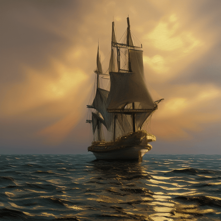 AI generated: Painting of an ultra realistic sailing ship, dramatic light, pale sunrise, cinematic lighting, batte...