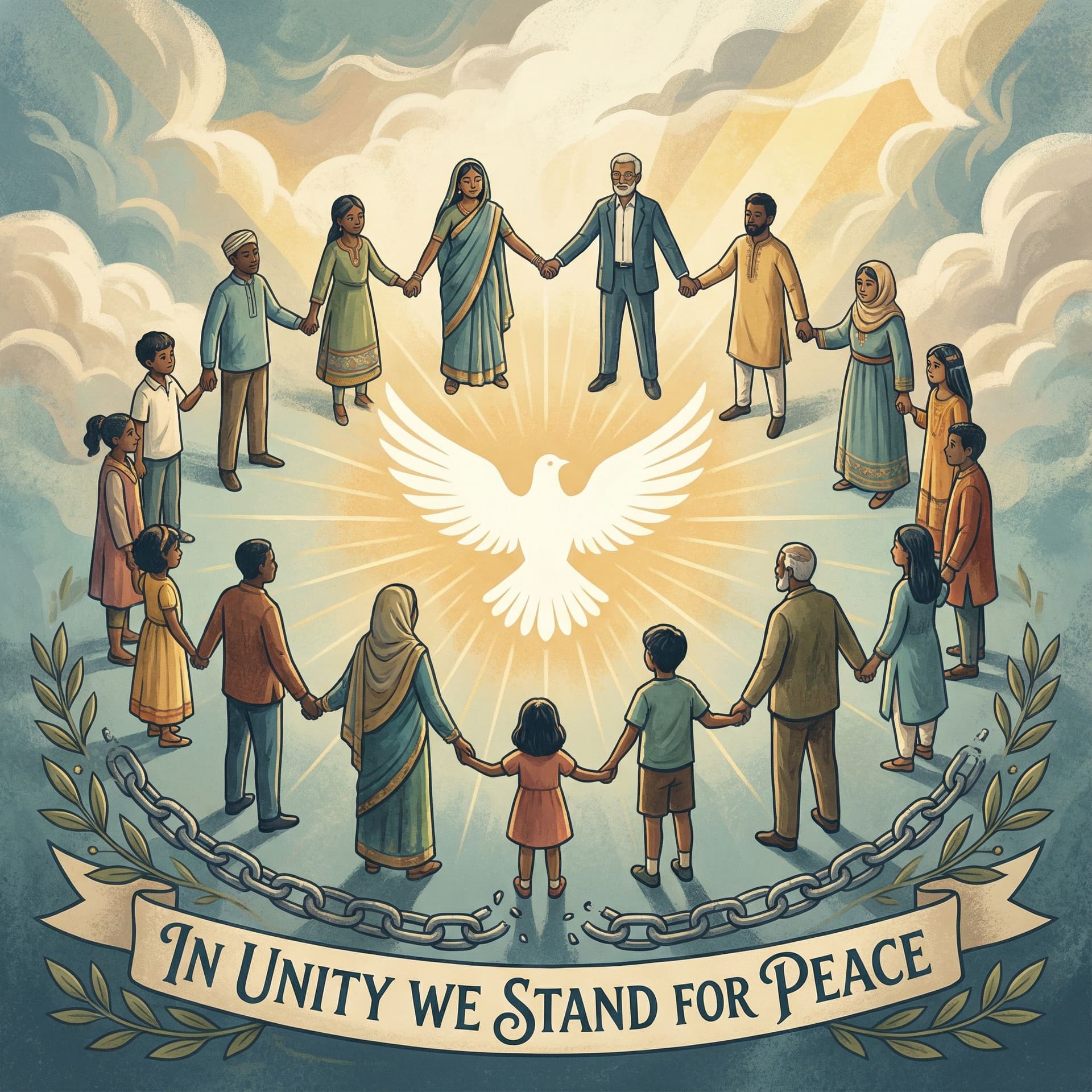 AI generated: A symbolic illustration promoting peace and non-violence, featuring a diverse group of people standi...