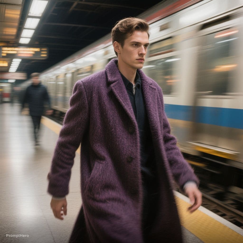 AI generated: fashion editorial photography, motion blur, male model, wearing an wool coat, deep purple color, wal...