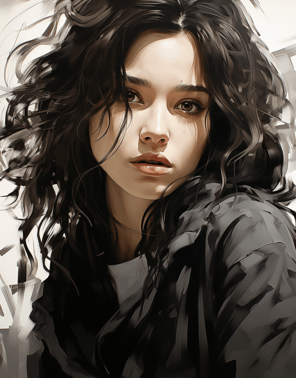 AI generated: drawing a girl face jpg, in the style of close up, somber mood, soft and dreamy, tachisme, algeapunk...