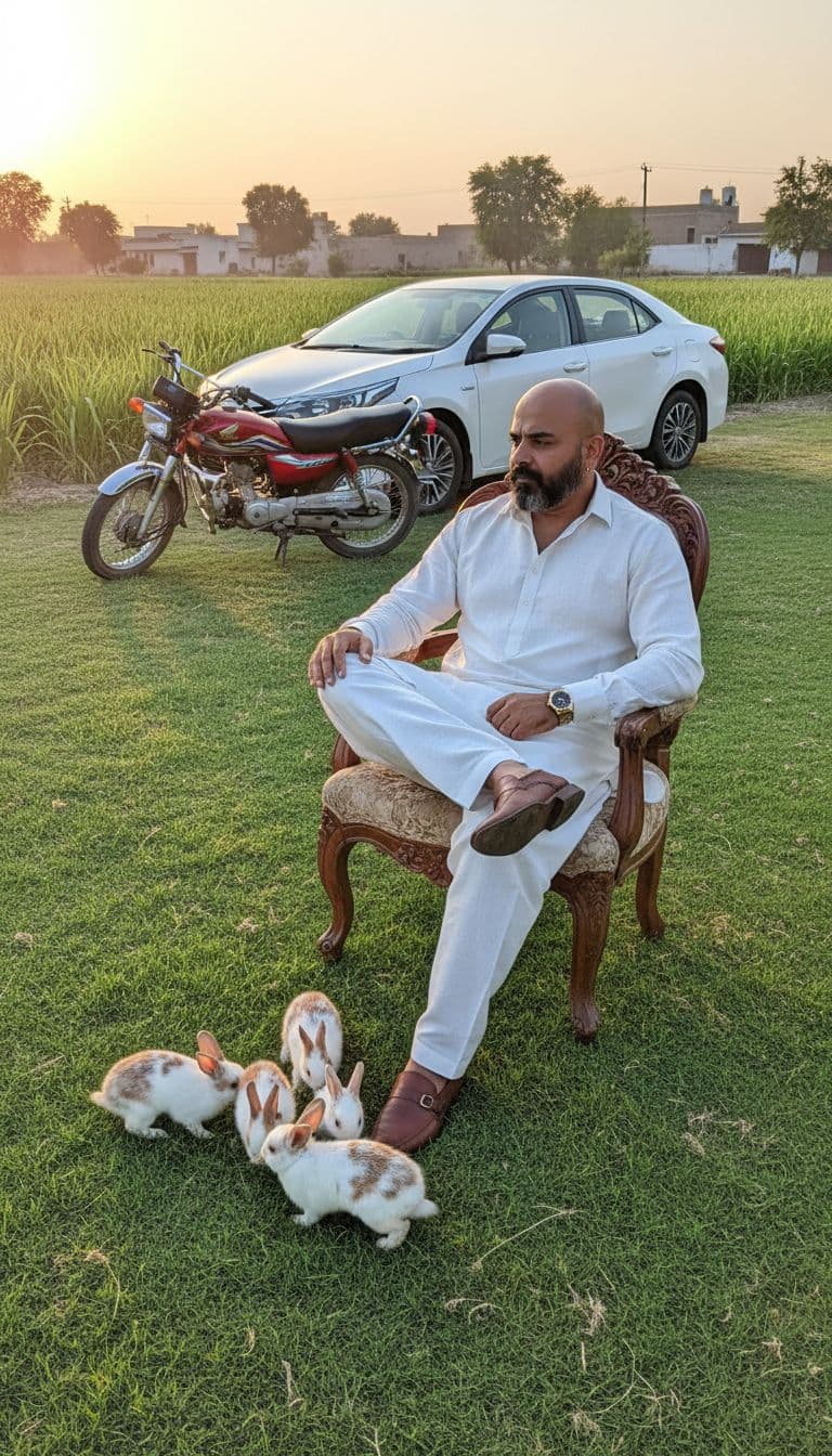 AI generated: A ultra Realistic man Sitting on chair in green
garden very big, Wearing White Punjabi clothes
wit...