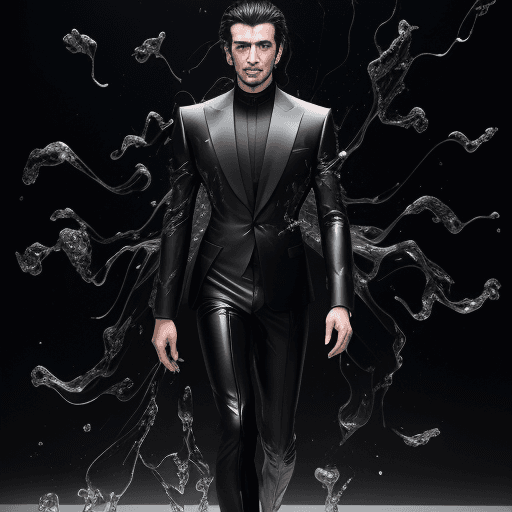 AI generated: Handsom man in black rubber pants suit with wind blown hair, full body, in the style of fluid, glass...