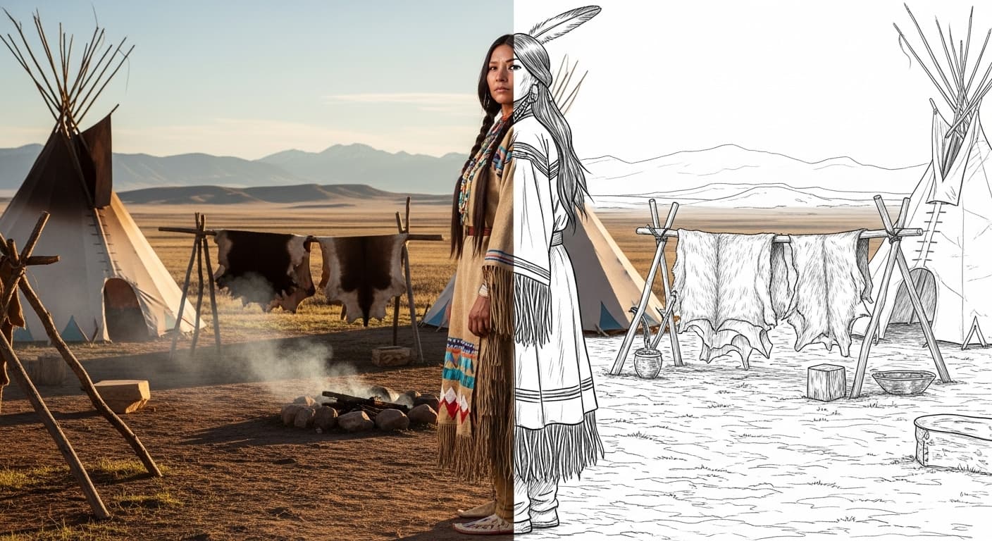 AI generated: A half draw of a real native american indian woman, no hedgear, realistic, hyper detailled, full bod...