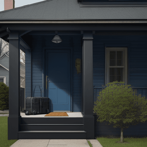 AI generated: Hyper realistic really heavy black suit case on a blue house down the block, on the porch