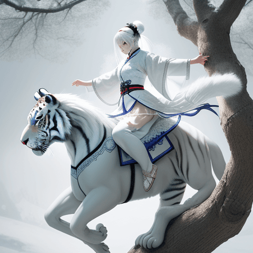 AI generated: a Chinese girl with white hair living in a tree, a celestial being, wears white skirt, has a headban...