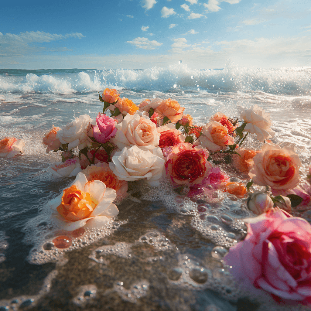 AI generated: photography showing beautiful beach, colorful roses in the ocean, hyper-detailed, majestic, sweeping...