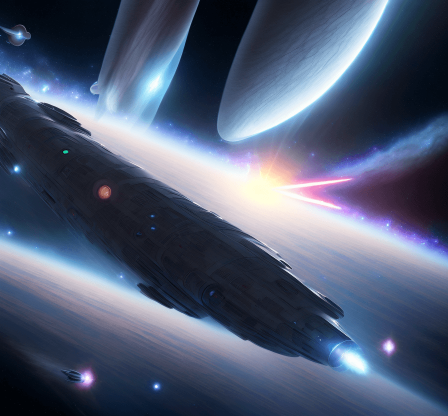 AI generated: a very sophisticated long spaceship is cruising thru deep space toward a galaxy. big engine steam  8...