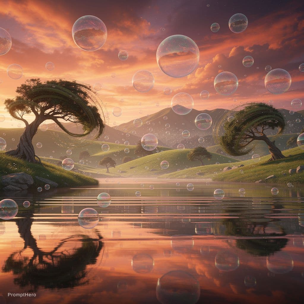 AI generated: Looking forward to a bubble space multiverse, New Zeeland hills, and tree storms, parallel water ref...