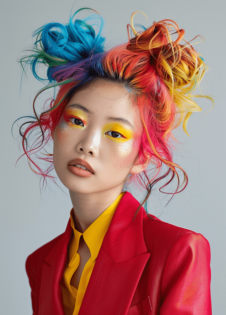 AI generated: A photo of an Asian woman with colorful hair, styled in the style of the fashion trend of rainbow co...