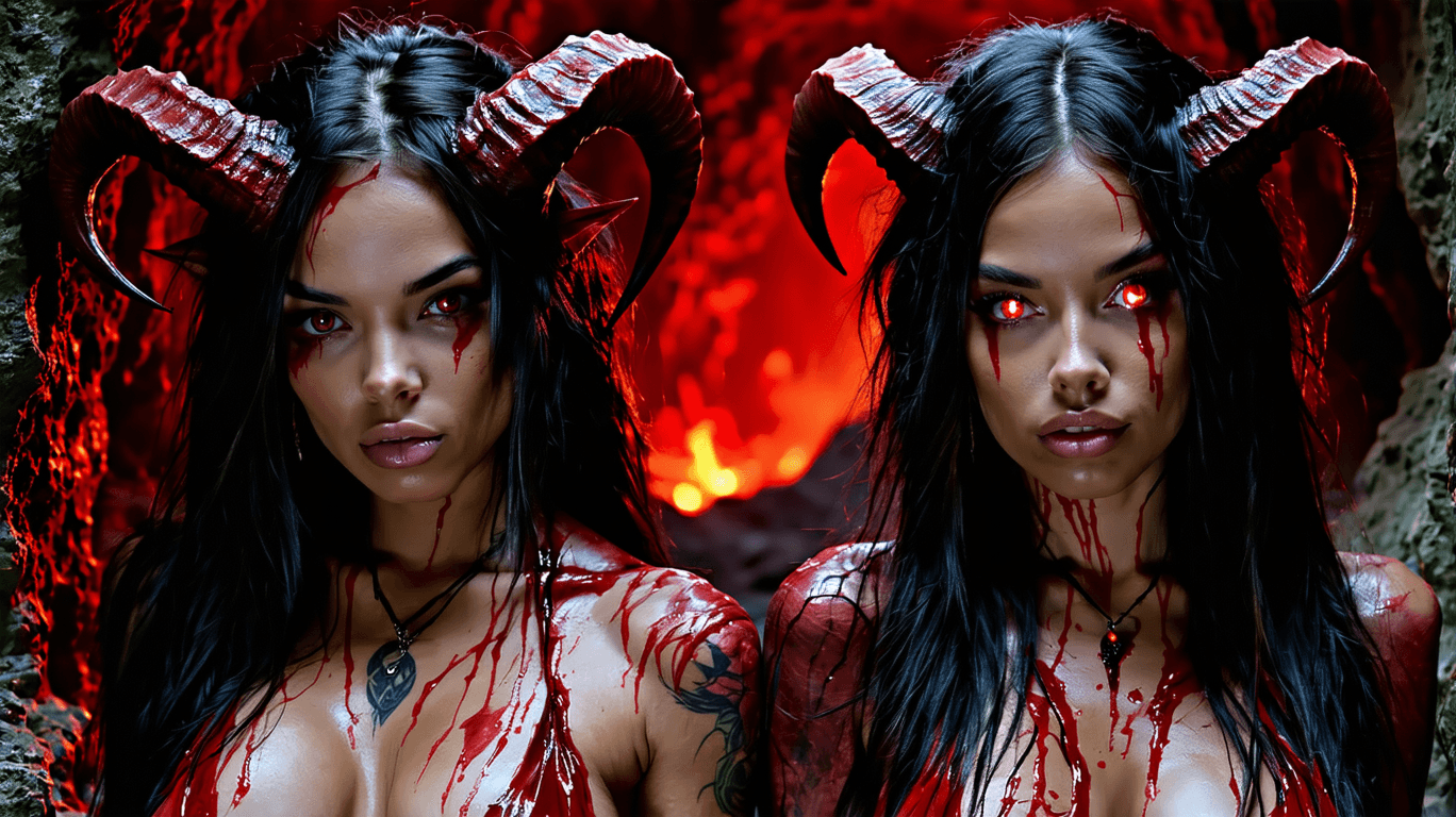 AI generated: Photoshoot book cover, full body shot, bottom view, low angle of two young beautiful women (Succubus...