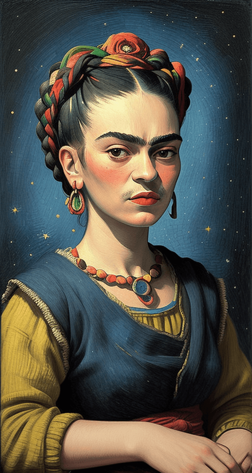 AI generated: Portrait of Frida Kahlo in the style of Vincent van Gogh . Dull colors. similar to The Starry Night ...