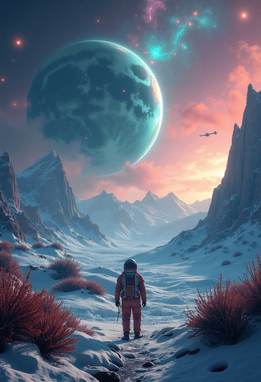 AI generated: view from beautiful alien planet , nebulas, retro sci fi technique, many alien flora and alien fauna...
