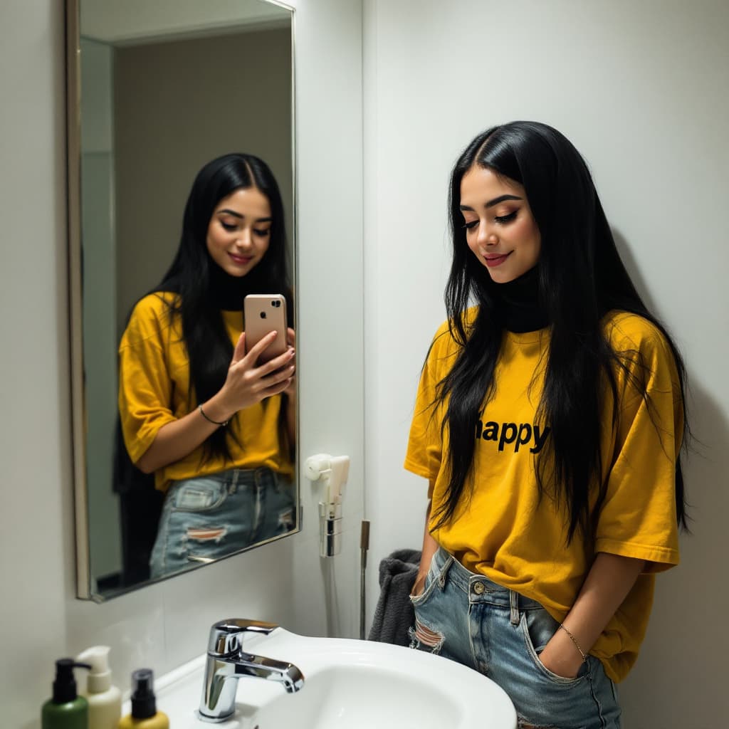 AI generated: A young muslim women with long black hair and wearing hijab is taking a selfie in her bathroom. She ...