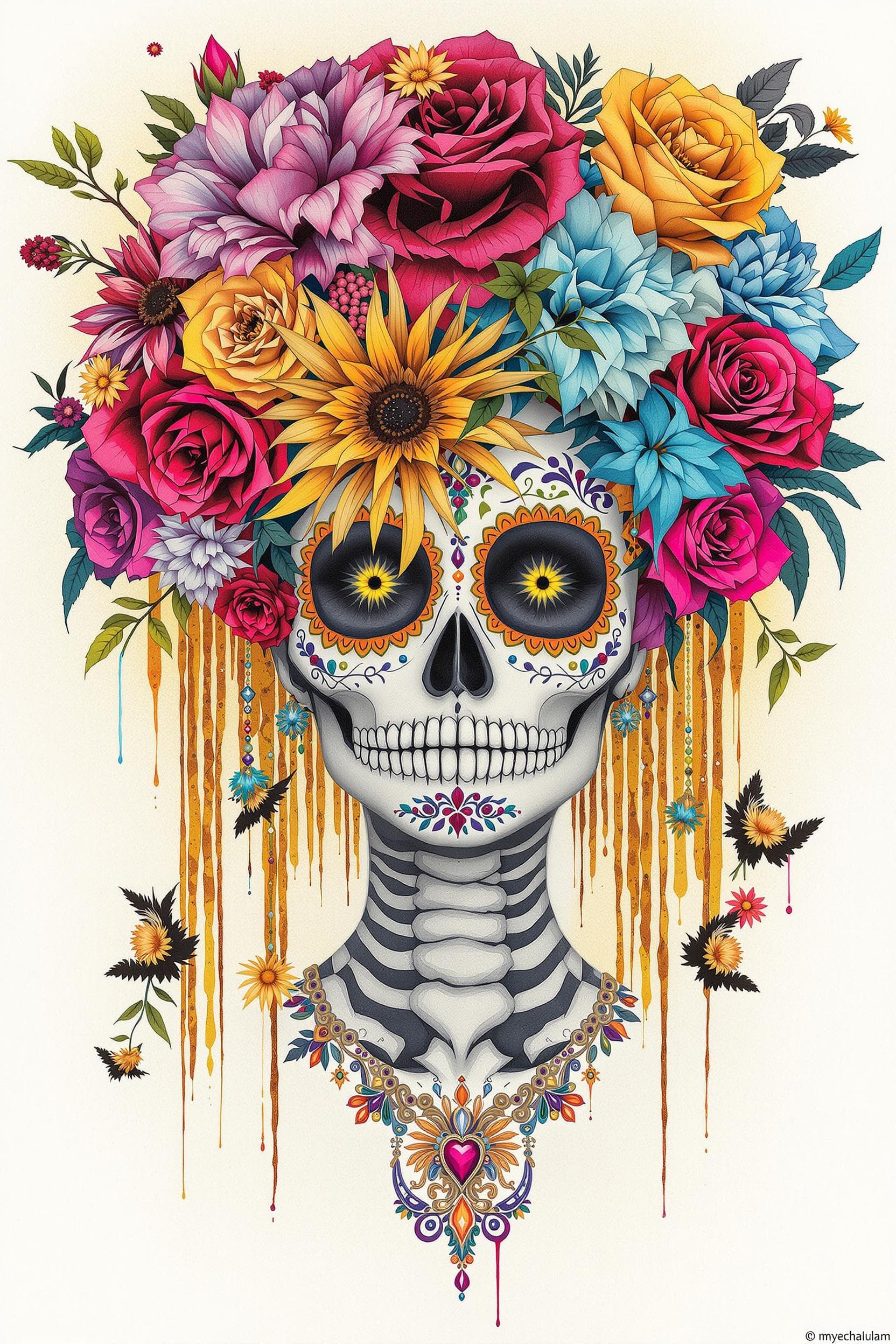 AI generated: Dias de los Muertos, sugar skull woman, surreal
