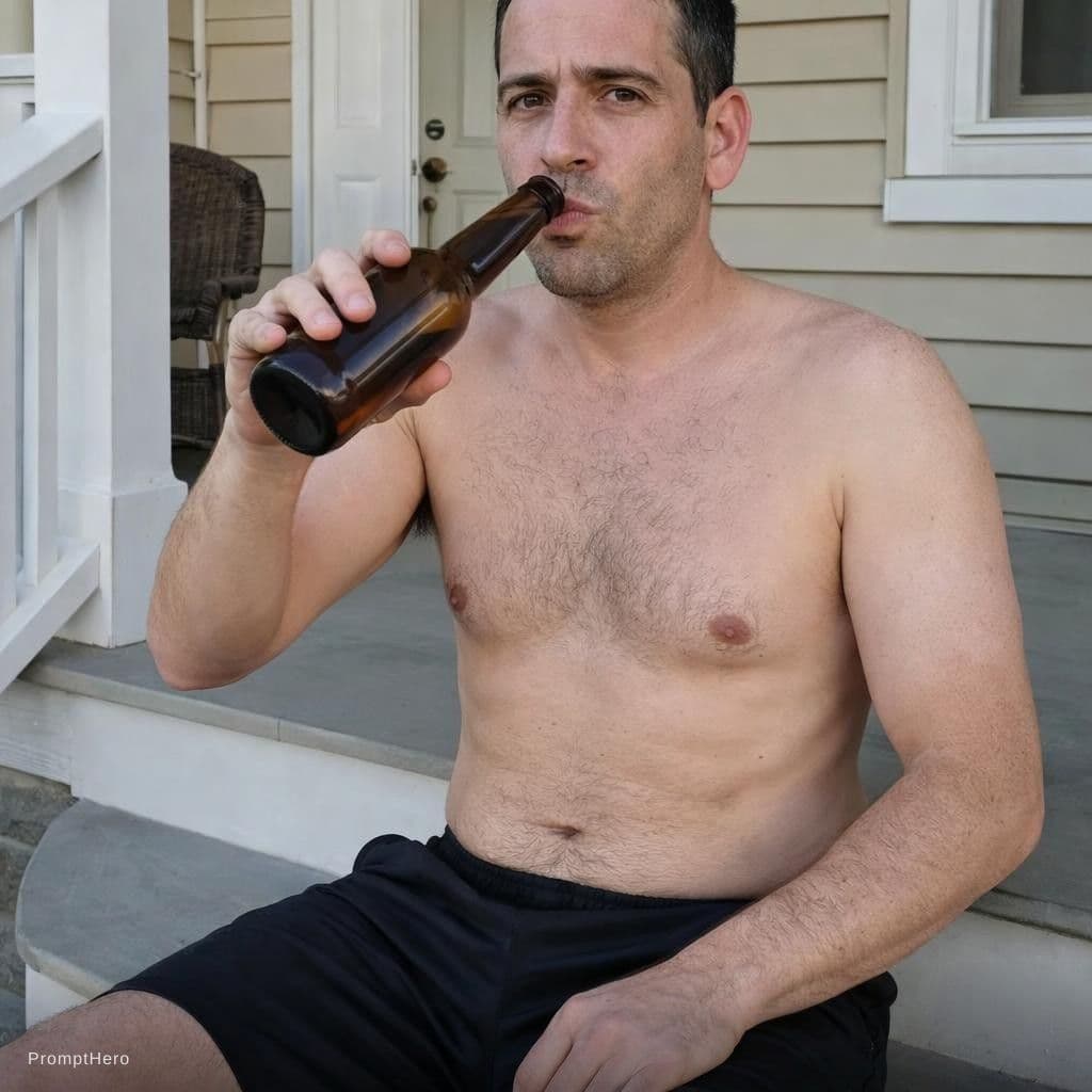AI generated: El sujeto de la imagen tomando cerveza en el porche de la casa sin camisa y en short
