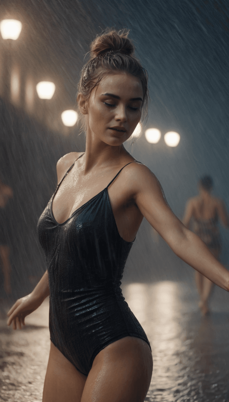 AI generated: Dancing in heavy rain, A beautiful lady, face and body are wet, messy bun hair 32k UHD, highly detai...