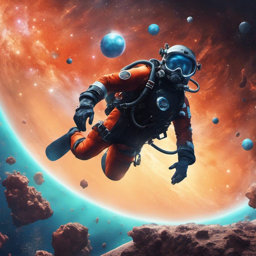 AI generated: a scuba diver floating in space over mars with galaxies in the background, the diver's air tanks are...