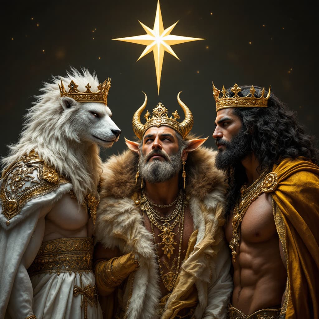 AI generated: TRES REYES MASCULINOS LOS TRES UNO PIEL BLANCA OTRO DE PIEL MORENA Y EL OTRO PIEL NEGRA INCADOS BAJO...