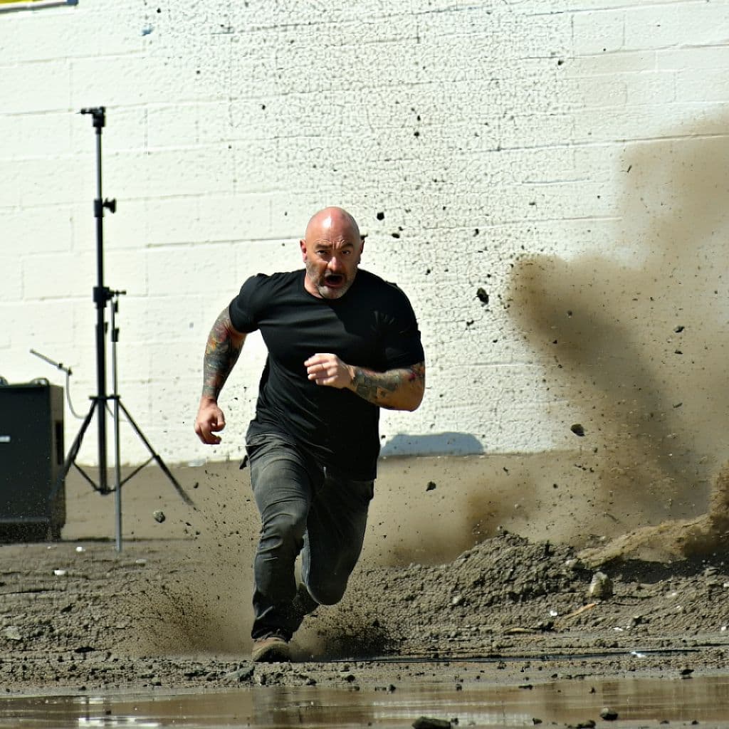 AI generated: Joe Rogan catches hitler breaking onto his set during a podcast and runs after him rapidly, wide ang...
