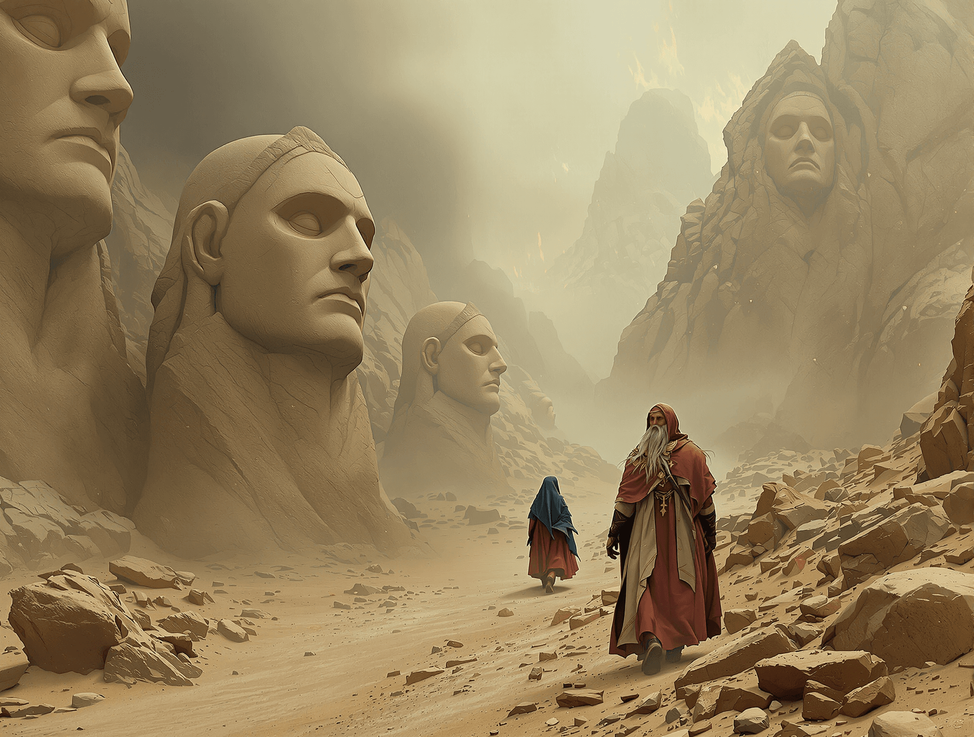 AI generated: Sci-fi, an (ancient looking man:1.3), who looks (like a Prophet from Biblical times:1.5), wanders a ...