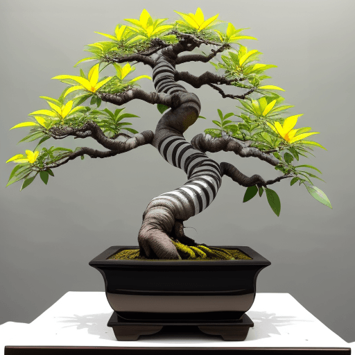AI generated: black and white striped trunk bonsai, many green branches, bright yellow zause style flowers, bottom...