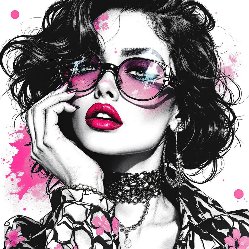 AI generated: A female in  80's fashion , in the art style of Graphic Pens