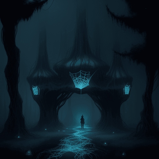 AI generated: ilm negative", Surreal, nighttime, torchlight, giant webs, foggy, glowing walkways made of glistenin...