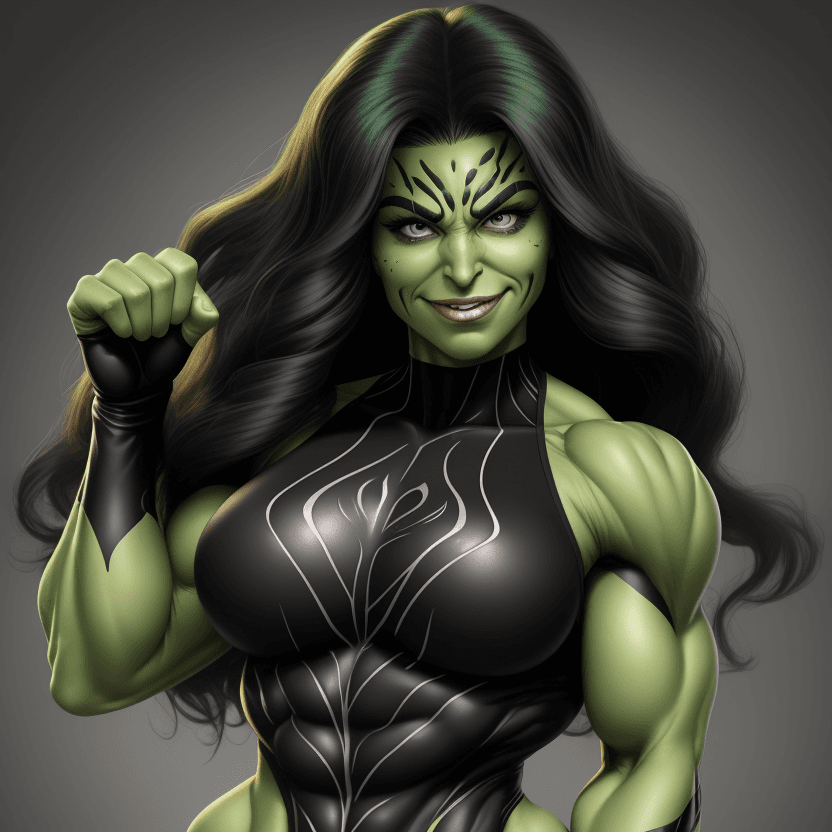 AI generated: 1 bodybuilder woman wearing symbiote, She-Hulk, young beautiful face, soft face, full body visible, ...