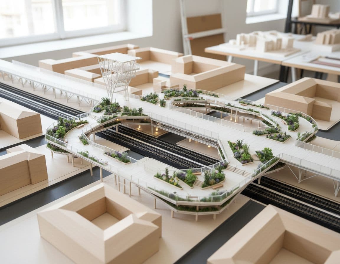AI generated: crea un proyecto de arquitectura urbana que este emplazado en el lugar de la foto, uniendo los 4 esp...
