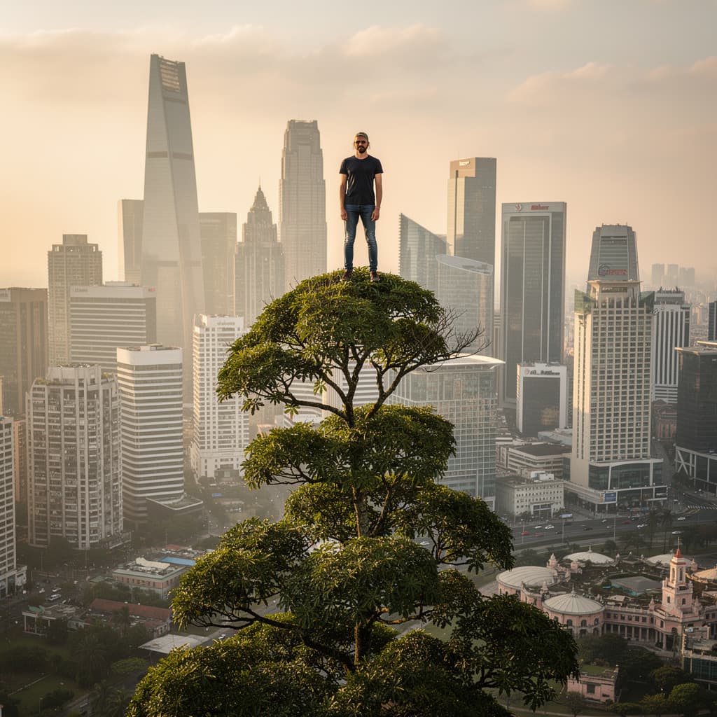 AI generated: show more the ciity in the background and put me standing naturally on the top of the tree

