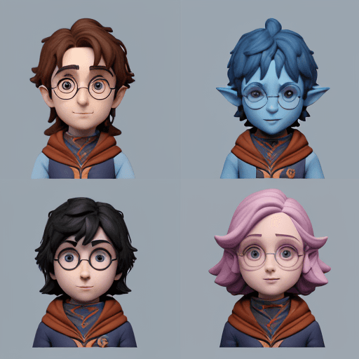 AI generated: 3D Avatar Design of harry potter, "Playful, Cute, Colorful, Animated, Quirky," "Unity," "Blend shape...