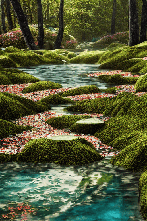 AI generated: Relaxing Forest flower crystals::4 emitting glitter garden landscape with pool of clear water and „b...