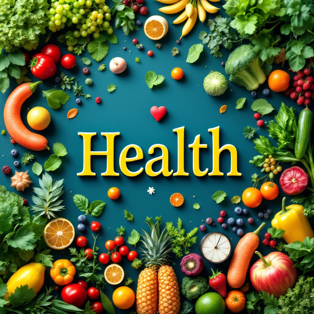 AI generated: The word "Health" in the center in an elegant font, surrounded by bright and healthy colors like gre...