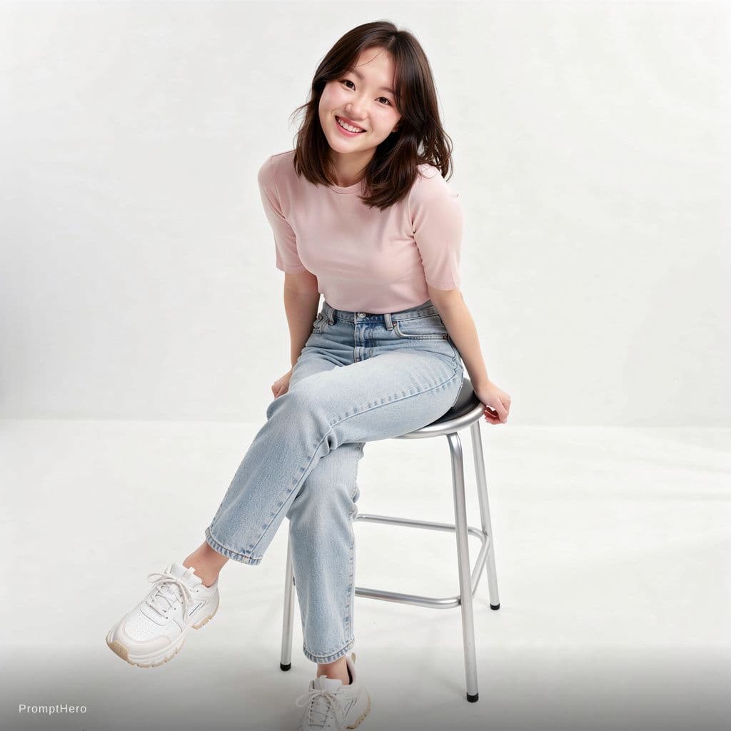 AI generated: A highly detailed, photorealistic, cinematic high-angle full-body studio shot of a cute and stylish ...