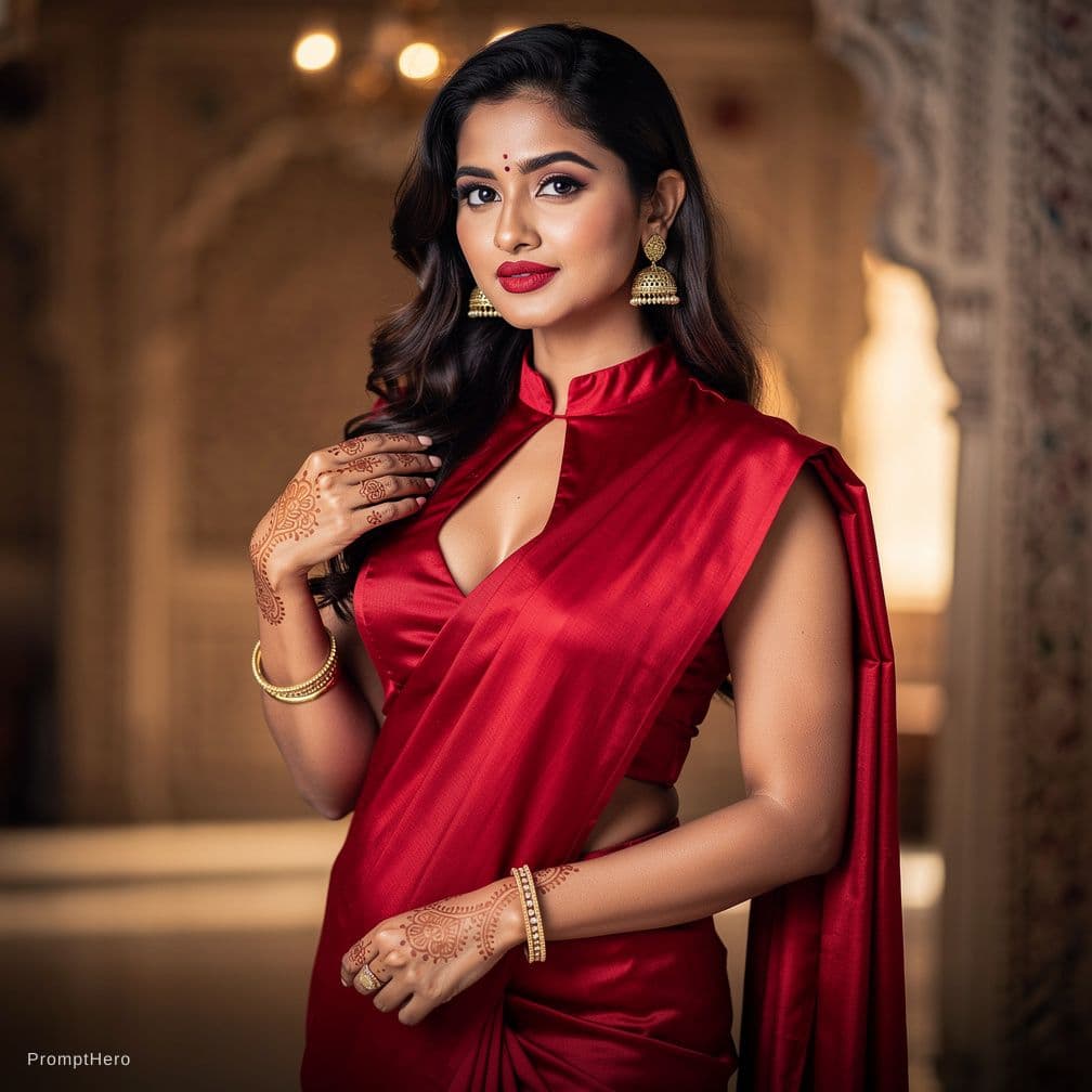 AI generated: beautiful  hot sexy girl red saree, sleeveless, deep neck blouse ,revealing navel.

