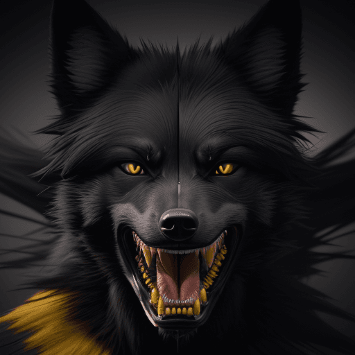 AI generated: Black wolf, angry with open.mouth teeth showing yellowish eyes. octane render, trending on artstatio...