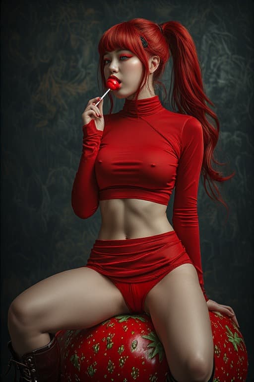 AI generated: A striking portrait of a young woman with vibrant red hair styled in a high ponytail and bangs, wear...