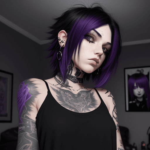 AI generated: from below, alternative, emo, piercings, tattoos, long black and purple oil colored hair, black top ...