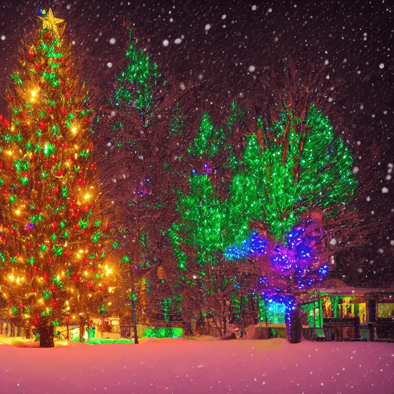 AI generated: Huge colorful Christmas Tree with tousands lights in a town with lot of snow in the style of Gregory...