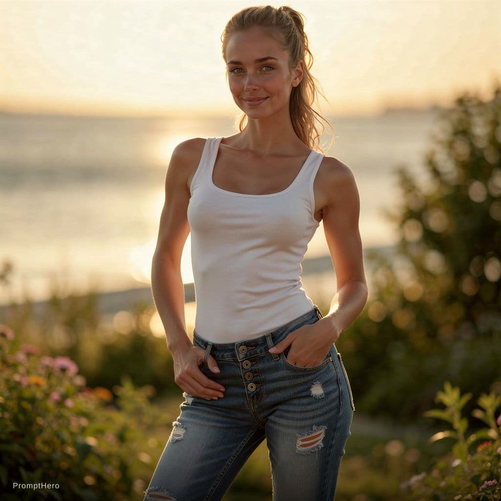 AI generated: A fit adult woman stands in a sunlit outdoor setting, her hands resting casually on her hips. She is...