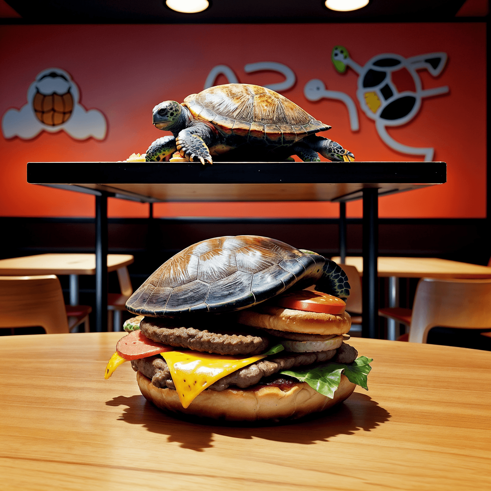 AI generated: [[a mcdonalds restaurant]] ,abstract composition,( a turtle on a table eating a hamburger)