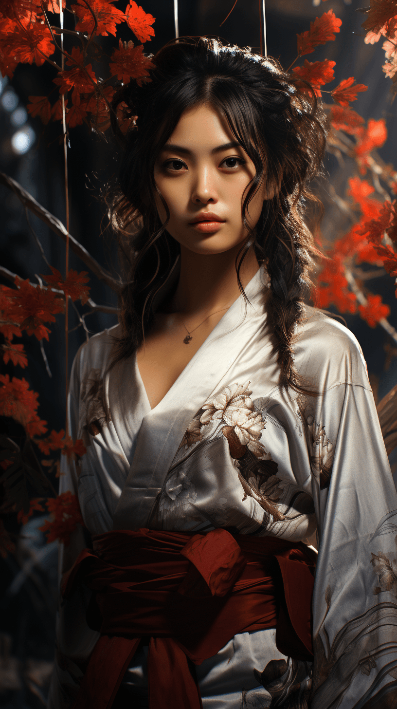 AI generated: an young asian woman in the forest in kimono, in the style of unreal engine 5, romantic illustration...