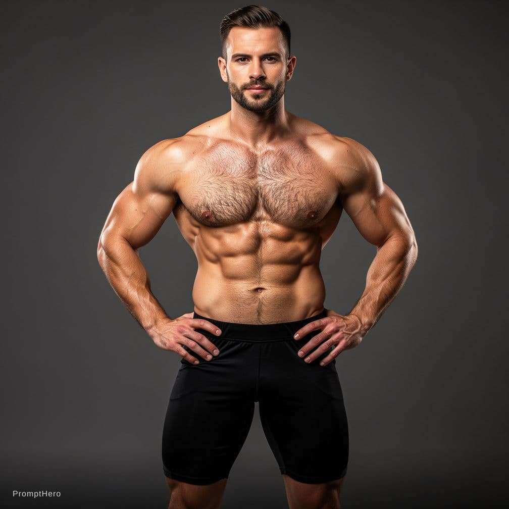 AI generated: Man with muscular body and hairy chest and pubic hair, In a jockstrap 